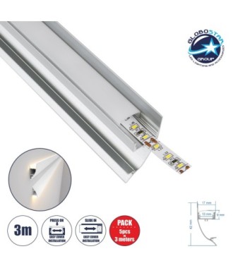 GloboStar® SURFACE-PROFILE 70857-3M Προφίλ Αλουμινίου - Βάση & Ψύκτρα Ταινίας LED με Λευκό Γαλακτερό Κάλυμμα - Επιφανειακή Χρήση Δημιουργίας Κρυφού Φωτισμού - Πατητό Κάλυμμα - Ασημί - 3 Μέτρα - Πακέτο 5 Τεμαχίων - Μ300 x Π1.7 x Υ4.2cm